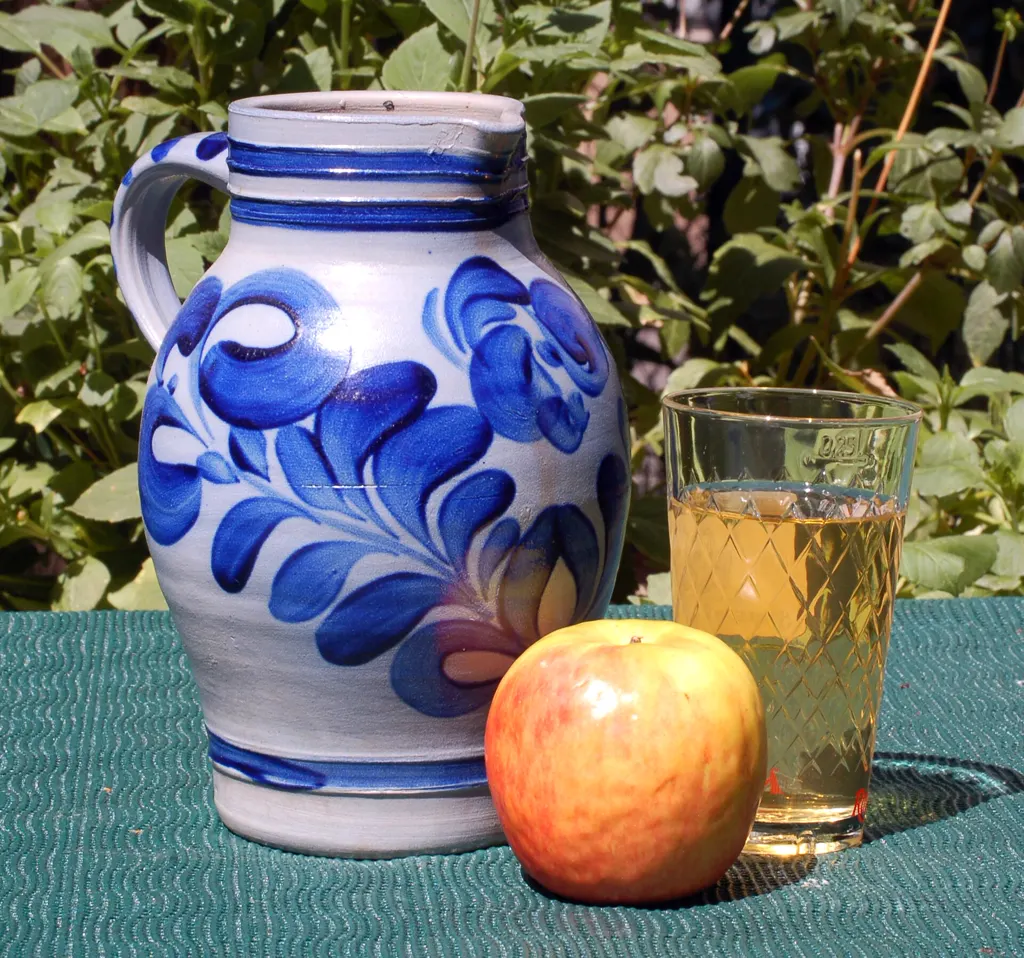 Blau-grauer Bembel mit Blumendekor, davor ein rotgelber Apfel und daneben ein Geripptes mit Apfelwein auf einem grünen Tisch vor sonnigem Blattwerk.
