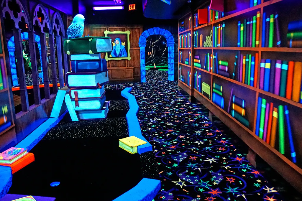 Schwarzlicht-Minigolfhalle: Bahnen mit leuchtend pinken und grünen Banden, Sternenteppich und ein UV-Wandbild mit Zauberwald, ohne Menschen