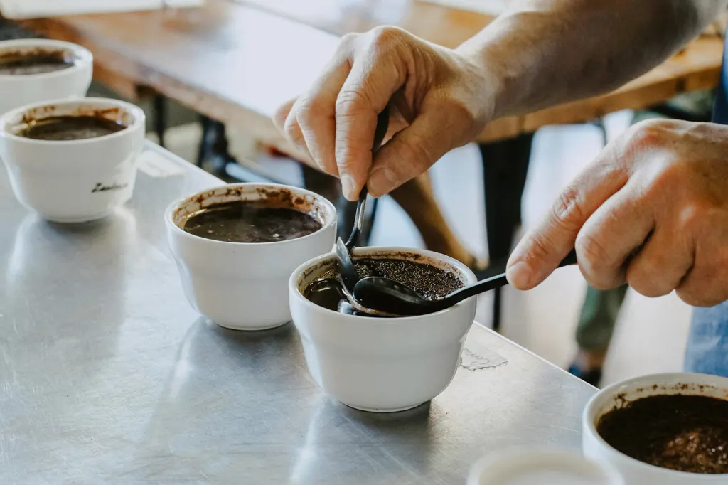 Kaffee-Cupping: Hände brechen mit Verkostungslöffeln die Kruste in weißen Cupping-Schalen auf einem Edelstahltisch, hell
