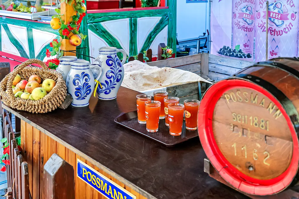 Stand der Kelterei Possmann beim Frankfurter Apfelweinfest: blau-graue Bembel, ein Korb mit Äpfeln, ein Tablett mit gefüllten Probiergläsern und ein Possmann-Fass mit der Aufschrift „Seit 1881“.