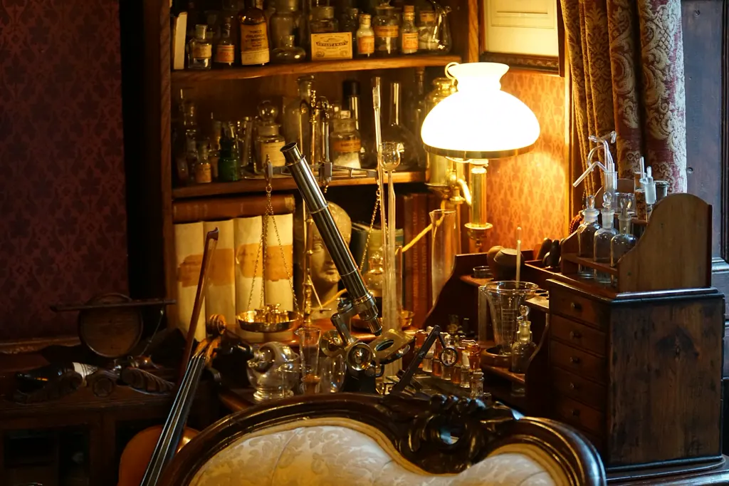 Altes Studier- und Laborzimmer im warmen Lampenlicht: Mikroskop, Waage, Glaskolben und Flaschen in Regalen, davor ein gepolsterter Sessel, Stimmung wie in einem Rätselraum.